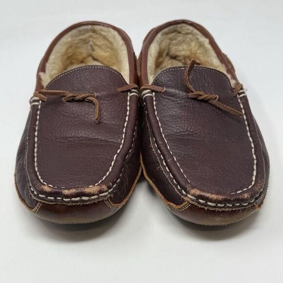 Cabelas Oil Tanned Leather Slippers Mens 9 M Sherpa Lined Moccasin Loafers - Picture 3 of 16